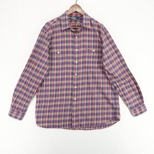 Polo Ralph Lauren‎ Shirt Mens Large Red Blue Plaid Long Sleeve Elbow Patches